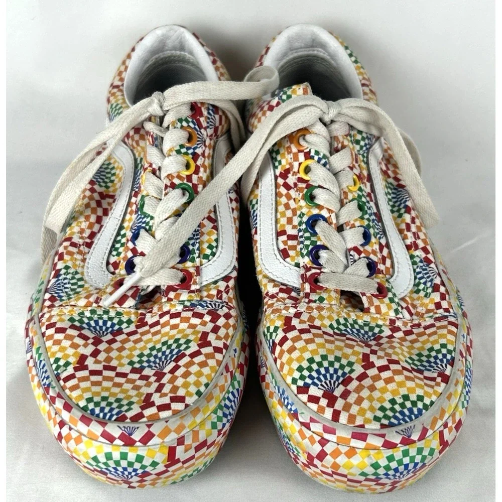 Vans Old Skool Platform Rainbow Checked Shoes Mens 7 Womens 8.5 Lace Up Pride